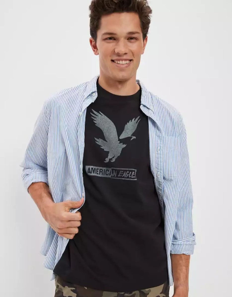 T Shirt Graphique American Eagle AE Super Soft Logo Noir Homme | PEZ-27981867